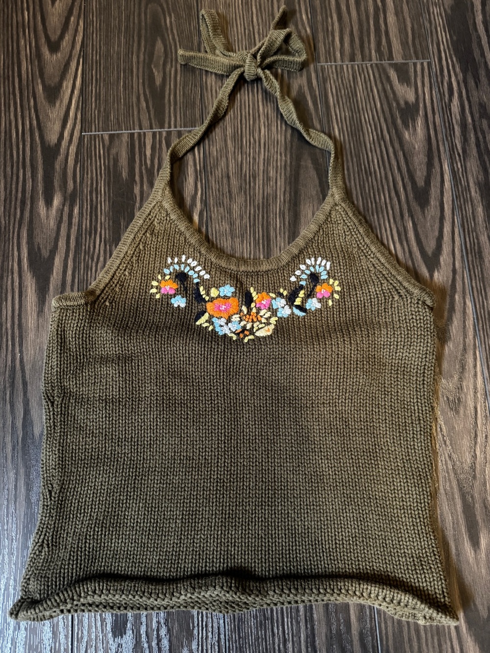 Y2K Nevada Olive Halter Knit Tank with Floral Embroidery - size small